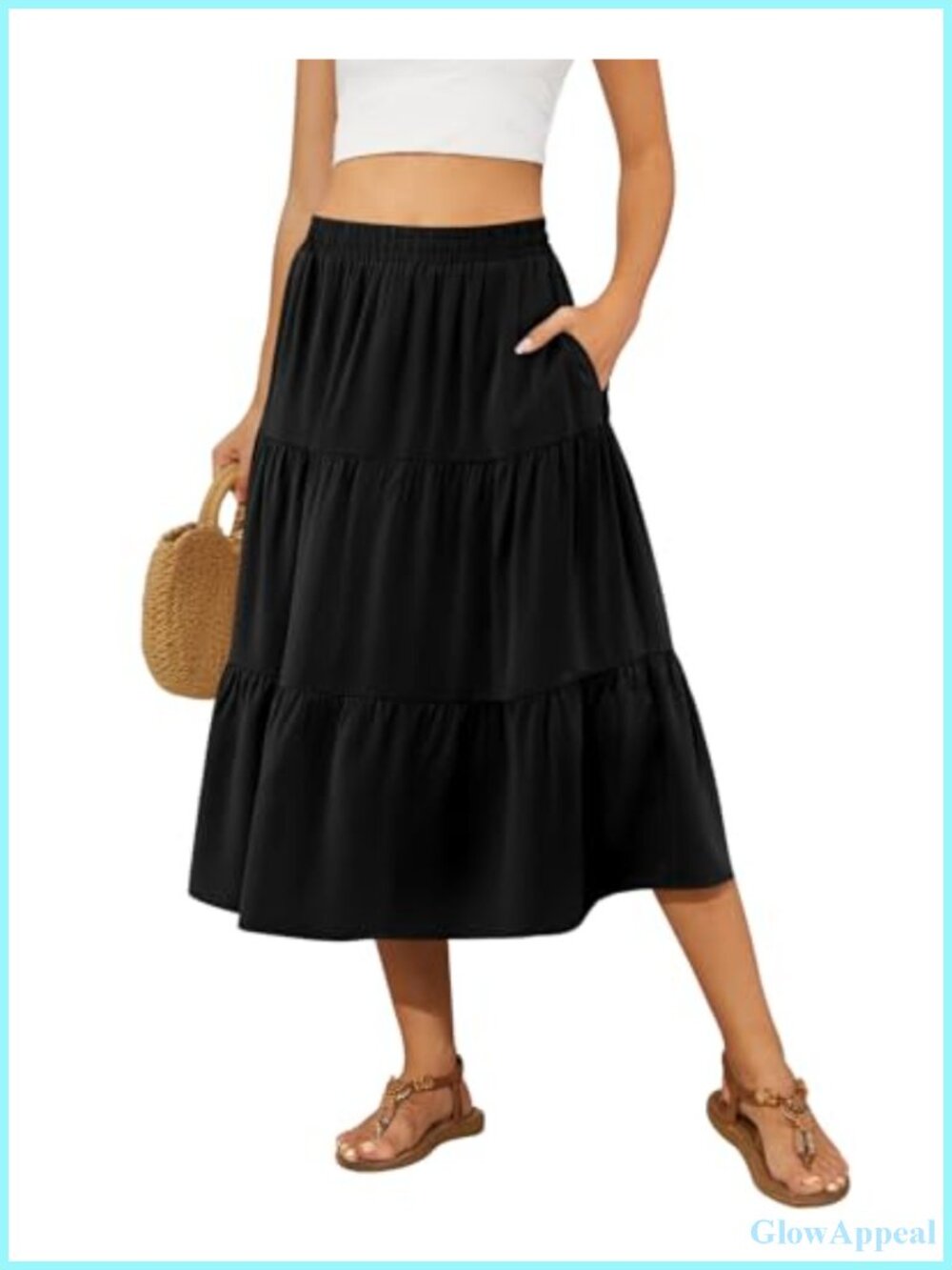 Women's Midi Skirt Flowy Tiered Ruffle High Waist A-Line with Pockets